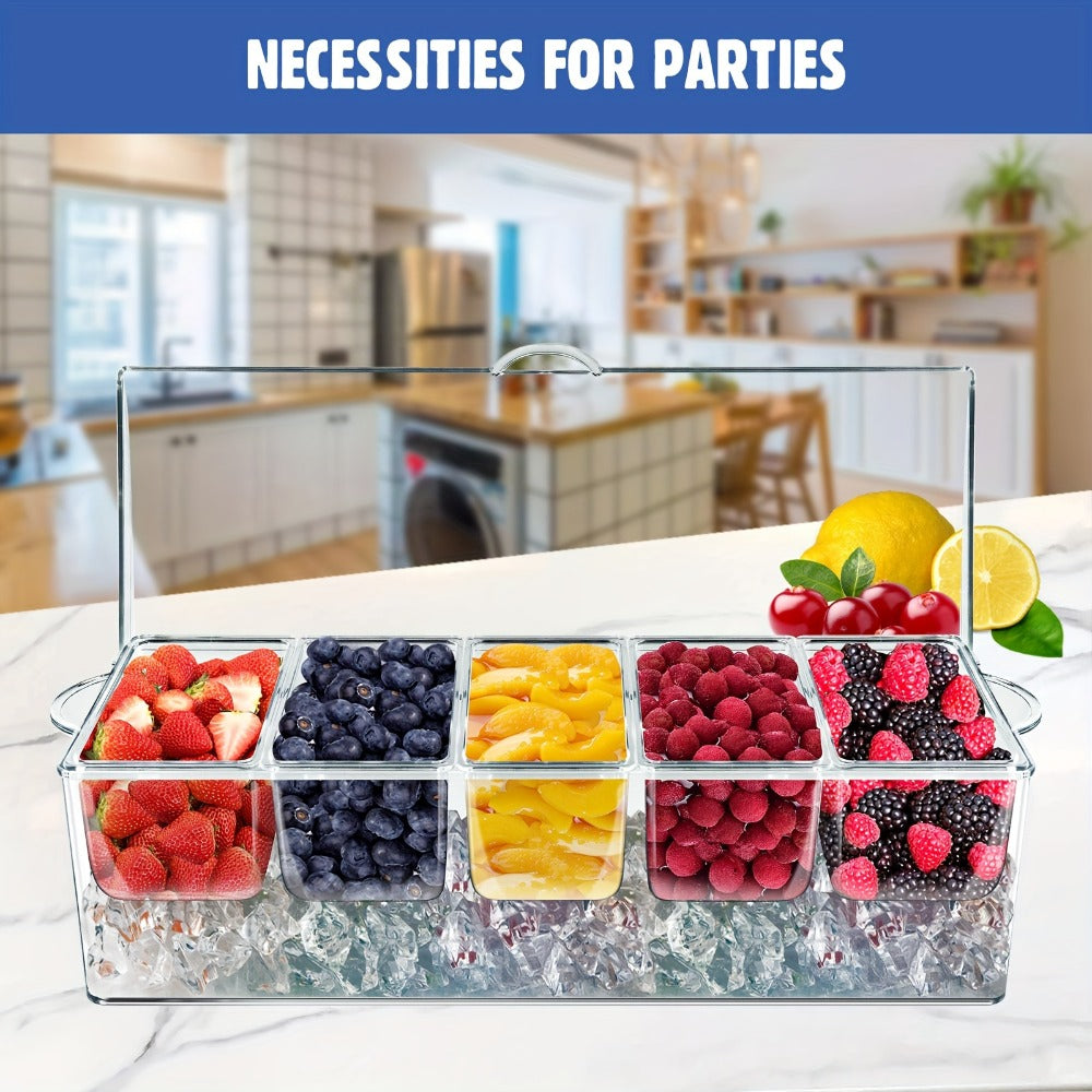 Bar Serving Tray on Ice with 5 Compartments & Lid, Garnish Condiment Platter with 5 Forks & 3 Pliers