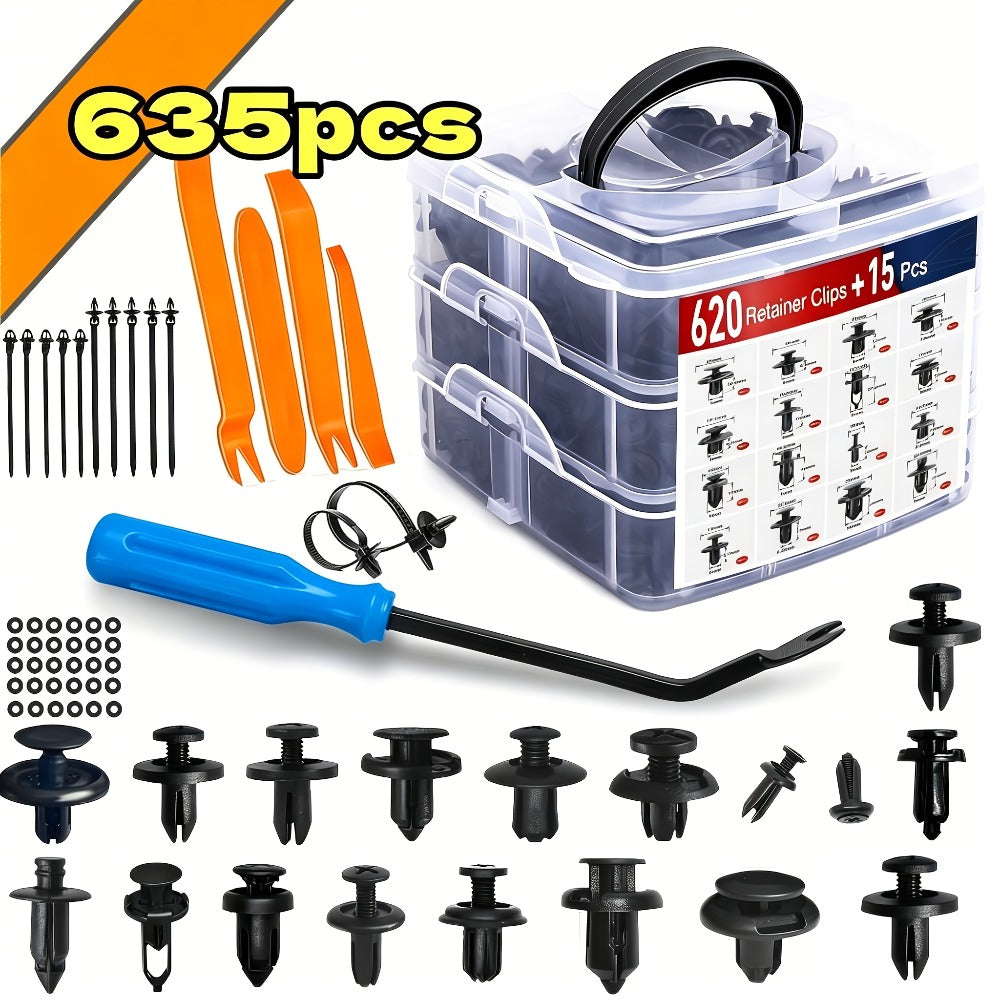 Automotive Push Retainer Clip Kit with 115, 635, 640 or 1290-Piece Options and Pictured Removal Tools