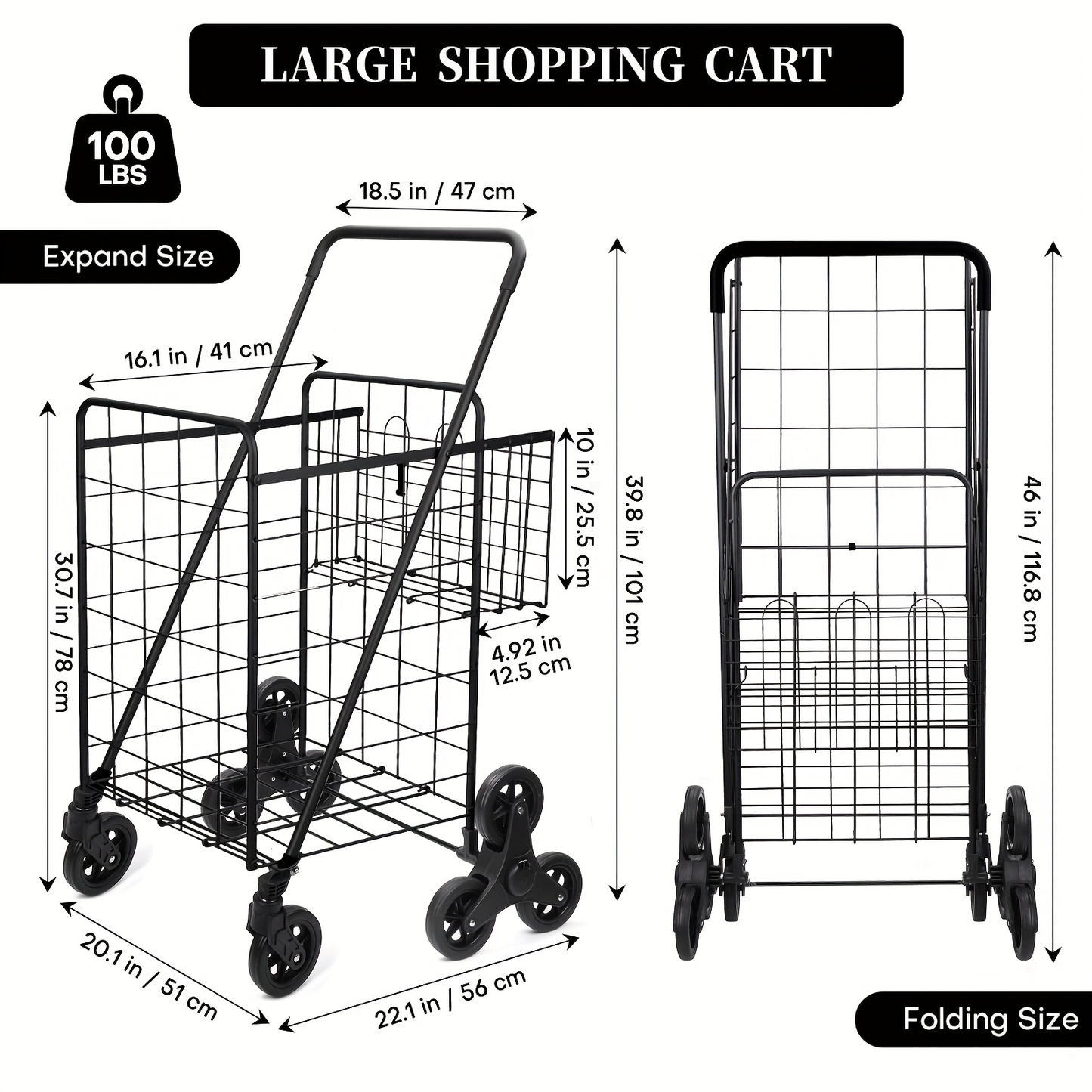 Stair Climbing Cart 8 Wheels 100 LBS Capacity Collapsible Utility Cart Foldable Grocery Dolly with Dual Basket Stainless Steel Frame