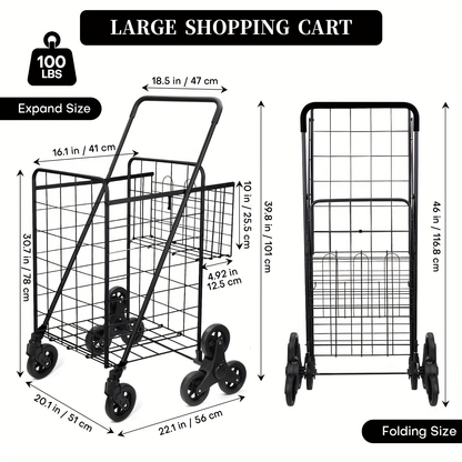 Stair Climbing Cart 8 Wheels 100 LBS Capacity Collapsible Utility Cart Foldable Grocery Dolly with Dual Basket Stainless Steel Frame