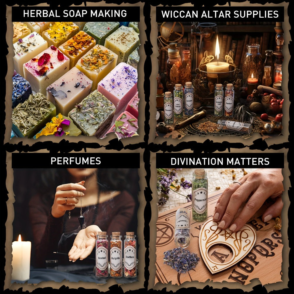 43-Piece Dried Herbs & Flowers Witch Ritual Kit, Sachet Supplies Set with Crystal Spoon, Black Feather & Bell for Pagan Spells