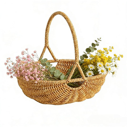 Handwoven Rattan Storage Basket with Carry Handle in Light Brown Medium Drain-Basket Format