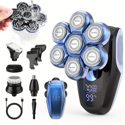 Electric Head Shaver for Bald Men 7D 7 Floating Heads – All-in-One Grooming Kit with Nose Hair Trimmer & Facial Cleaning Brush