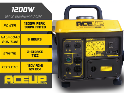 Portable Gas Generator 1200W Peak 900W Rated, 71cc 2-Cycle Engine Recoil Start AC DC Outlets