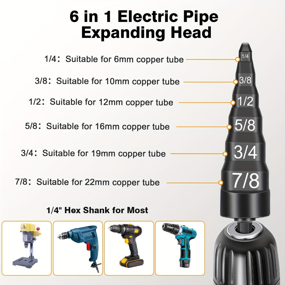 Copper Pipe Tube Expander Swaging Drill Bit Set 6-in-1 HVAC Tool 1/4 3/8 1/2 5/8 3/4 7/8 Inch for Entryways, Bedrooms and Living Spaces