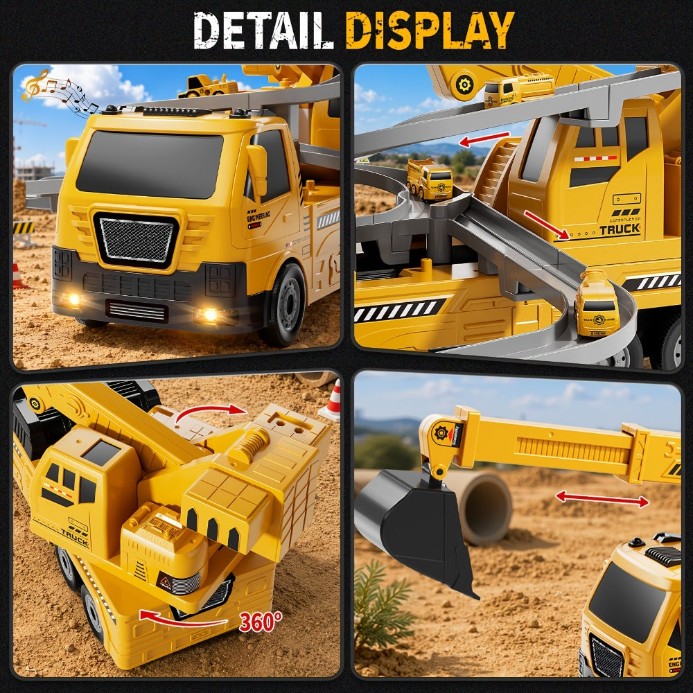 3-in-1 Crane Excavator & Racing Track Toy Set for Kids Ages 3+, Construction Vehicle Playset with Lights & Sounds