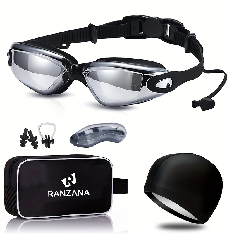 Anti-Fog Racing Swim Goggles Set 6-in-1 – HD UV Protection Silver Coated PC Lens, Waterproof PU Swim Cap, Nose Clip, Earplugs