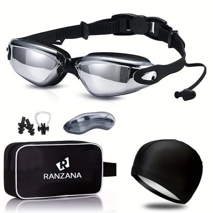 Anti-Fog Racing Swim Goggles Set 6-in-1 – HD UV Protection Silver Coated PC Lens, Waterproof PU Swim Cap, Nose Clip, Earplugs
