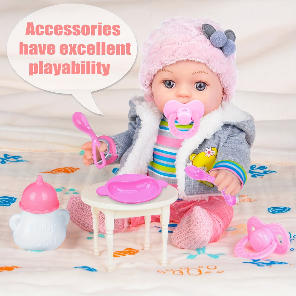 Winter Outfit Baby Doll Set 12 Inch Plush Coat Movable Limbs Clothes Socks Pacifier Bottle Utensils Nurturing Play Gift for Girls Kids Ages