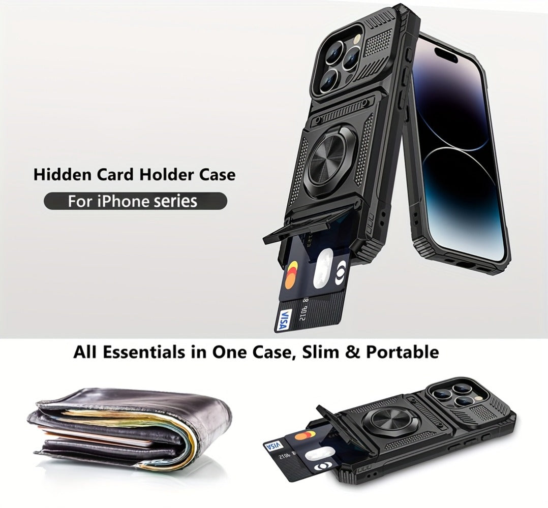 Phone Case Dual-Card Hard Shell Cover with 360-Degree Ring Kickstand for Select iPhone 14, 16 and 17 Models