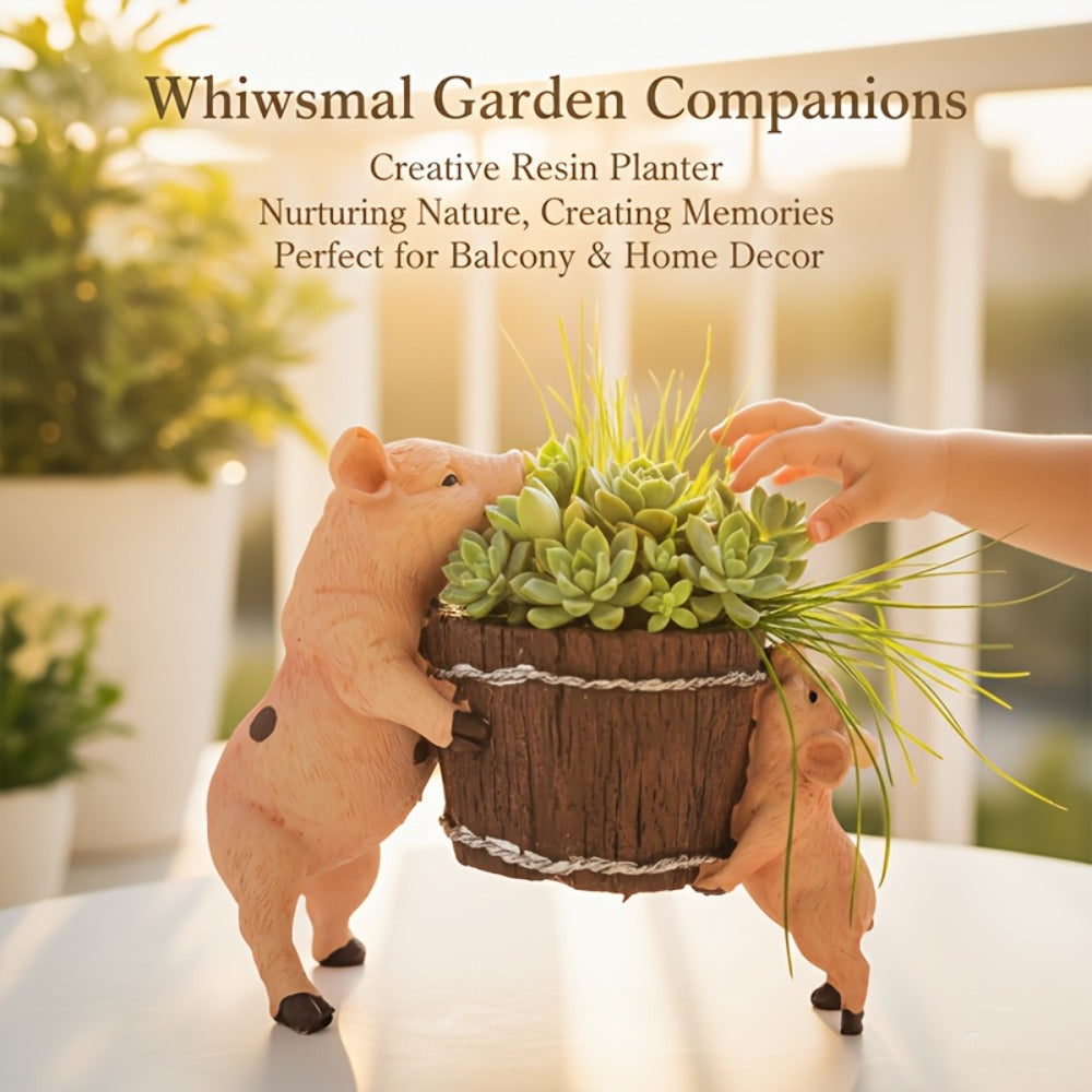 Bohemian Pig-Shaped Resin Planter - Cute Swine Succulent Vase with Root Base for Potted Plants, Herbs & Cacti