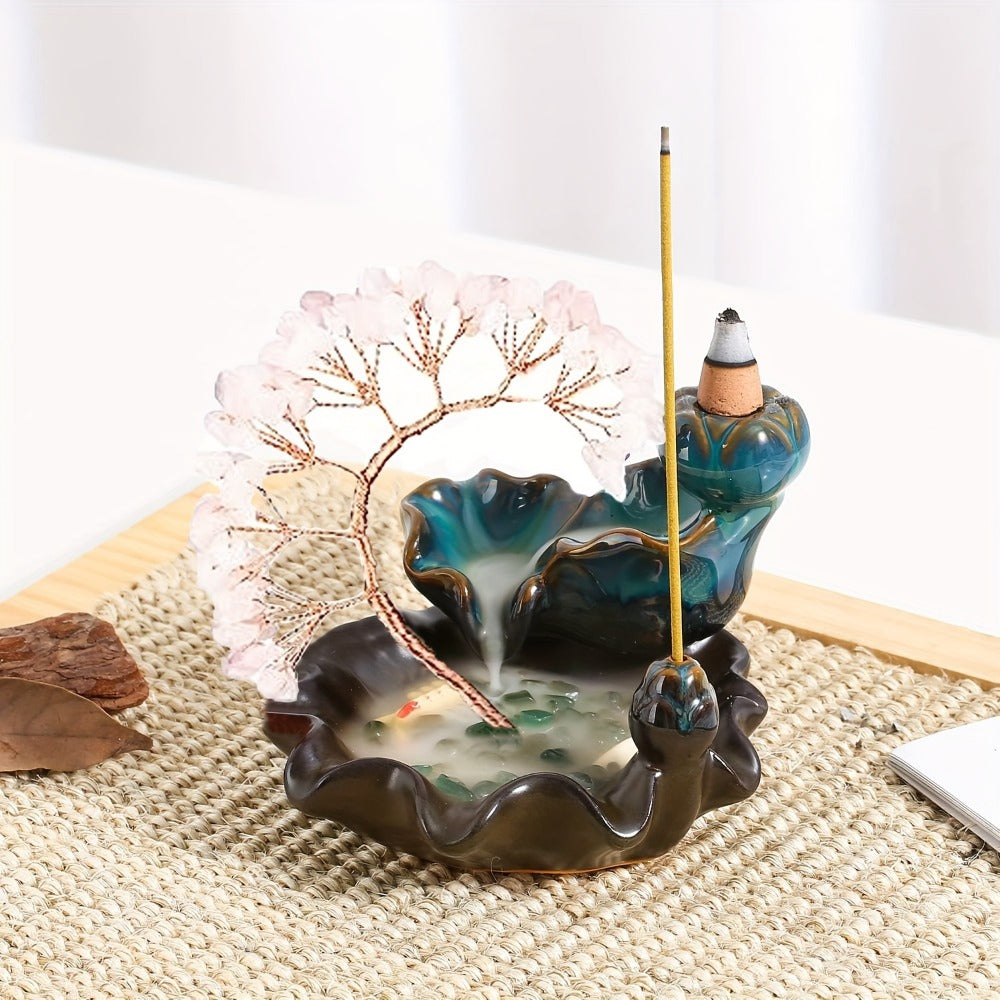 Backflow Incense Burner Crystal Money Tree Waterfall Smoke Incense Holder Ceramic Cone Stick for Entryways, Bedrooms and Living Spaces