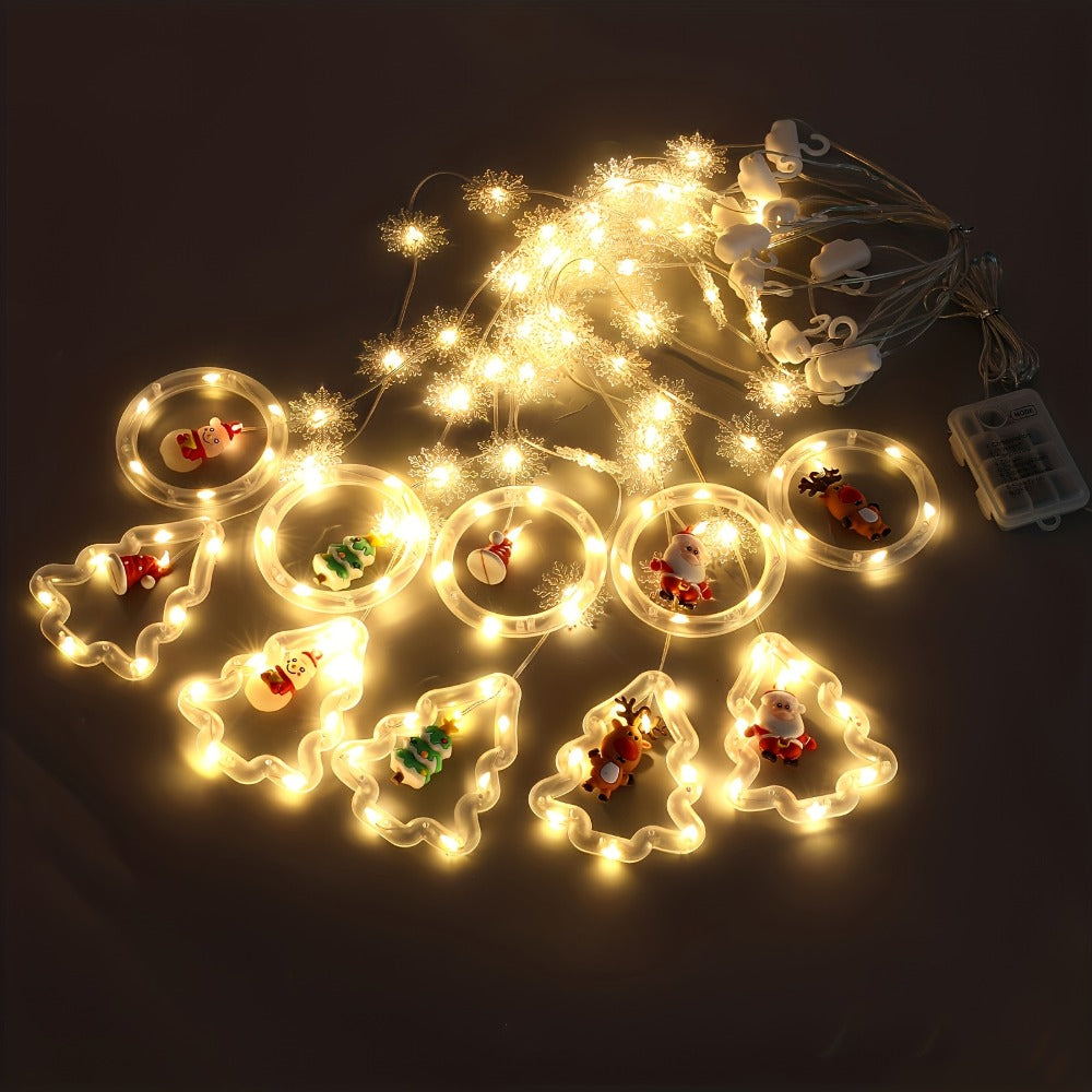 String Lights, 118-Inch USB Holiday Curtain with Ten Snowflake or Star-and-Tree Drops for Indoor Display