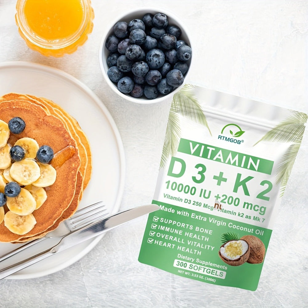 Vitamin D3 K2 MK-7 300 Softgels Value Size, 10000 IU D3 + 200mcg K2 with Extra Virgin Coconut Oil for Bone Density Immune & Heart Health