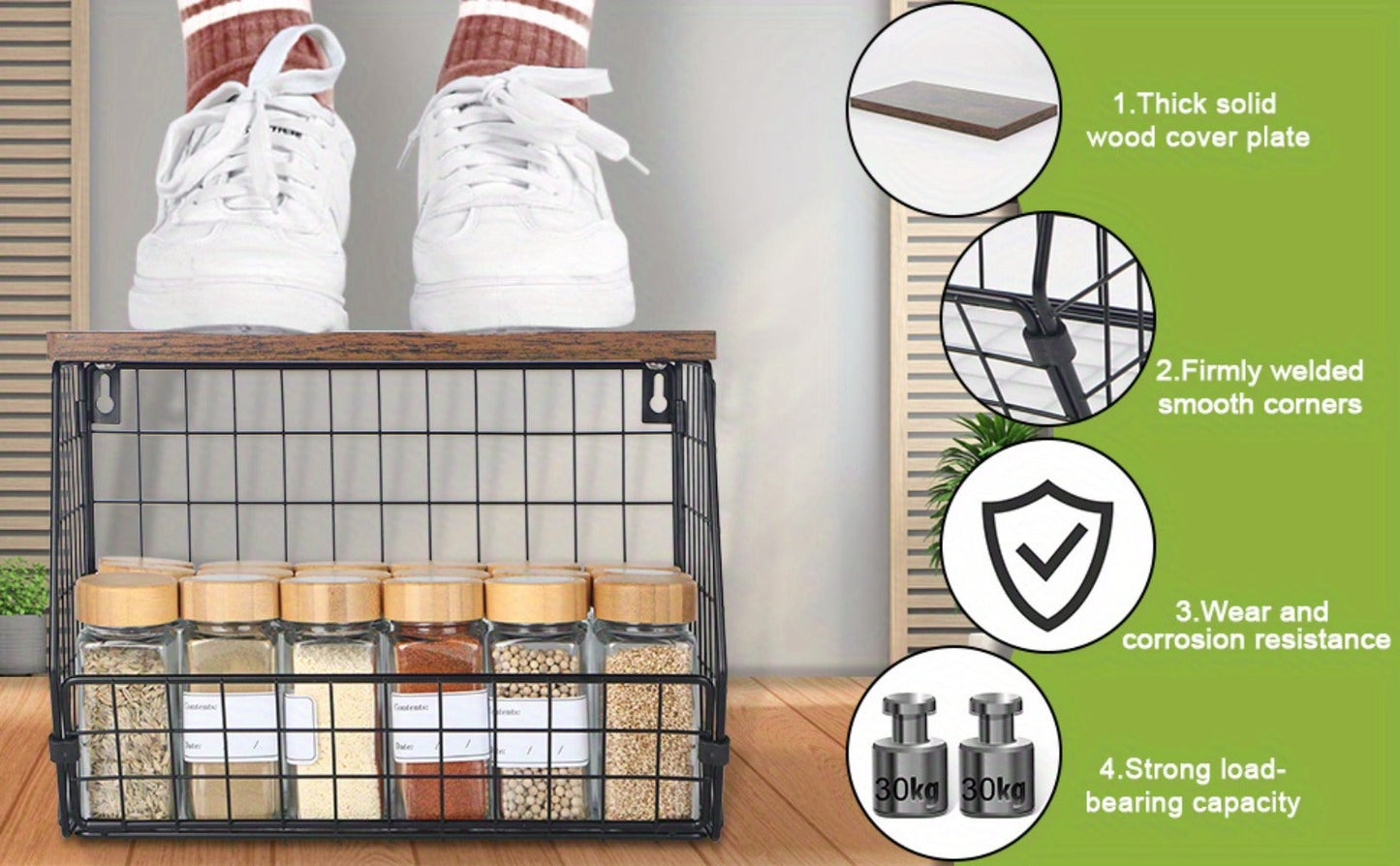 Wall-Mounted Fruit Basket with Wooden Cover – 2-Tier Metal Kitchen Storage Basket with Hooks, Stackable Hanging Organizer for Potatoes