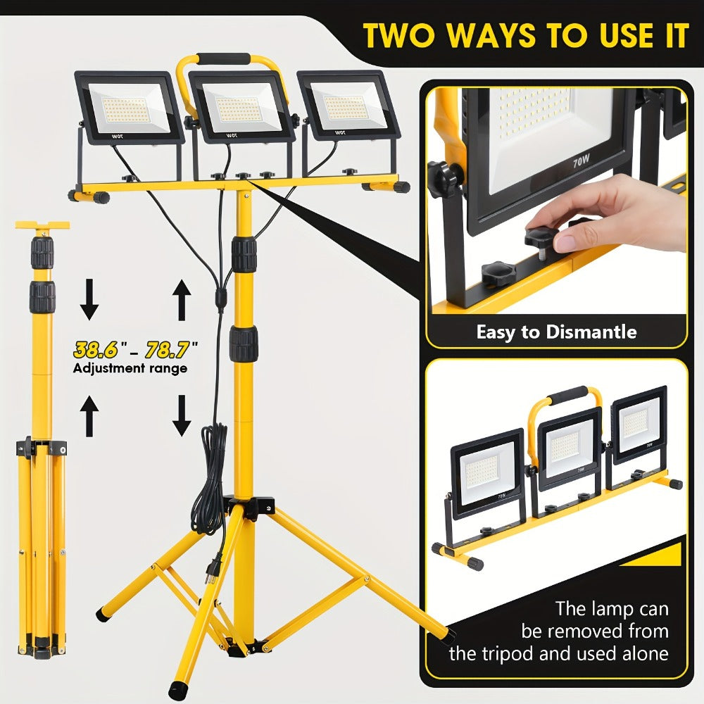Three-Head Yellow LED Tripod Work Light with Detachable Lamps, Adjustable Stand and 16.5-Foot Cord