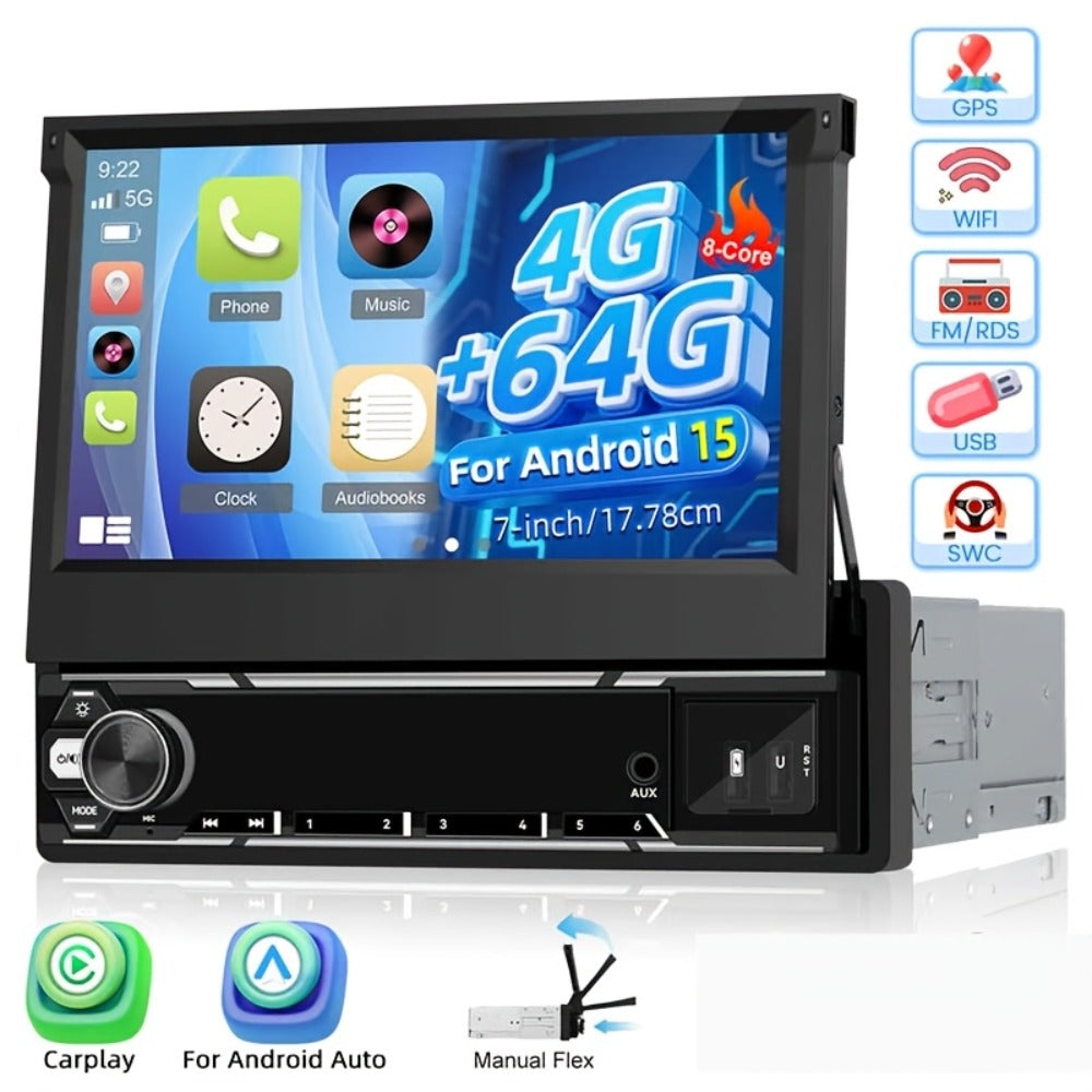 Single Din Car Stereo 7 Inch Flip Out Touchscreen – Wireless CarPlay & Android Auto, 1080P HD, FM Radio, SWC, Voice Control, USB/Type-C/AUX