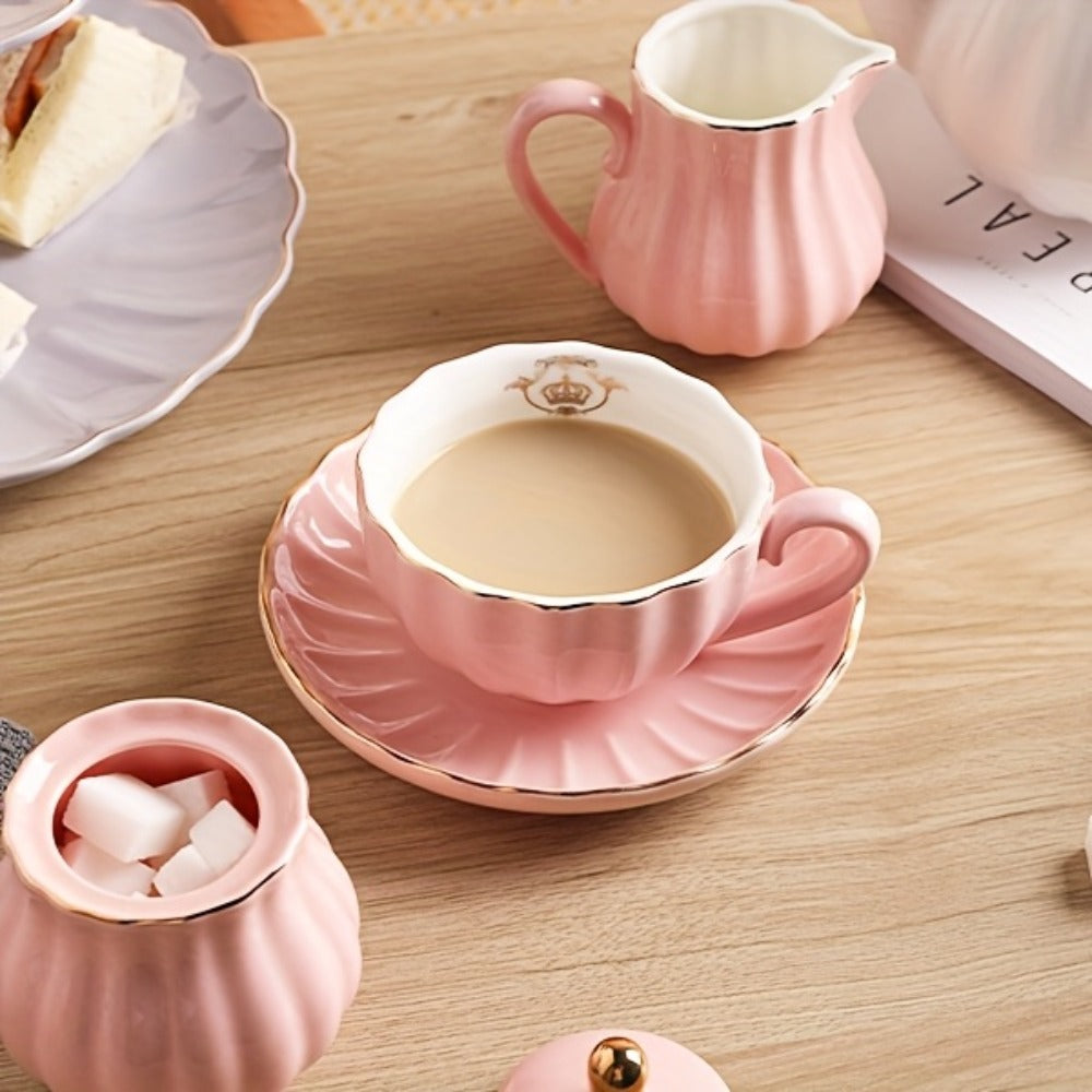 Porcelain Tea Set Service for 6 British Royal Floral Design with Teapot Sugar Bowl Cream Pitcher Teaspoons Tea Strainer 8oz Cups Saucers