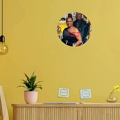 Personalized Custom Photo Wall Clock - Round Wood Silent Clock with Custom Text & Family Name, Self-Assembly