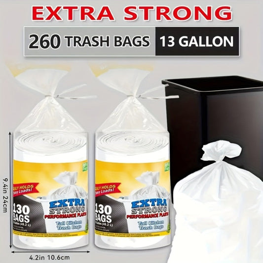 13-Gallon White Trash Bags with Tie Handles, 260-Count Household Pack in Two Large Rolls for Bins