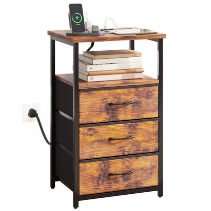 Nightstand Three Fabric Drawers with Charging Station, Open Shelf and Optional LED Configuration