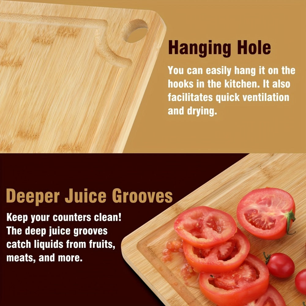 Cutting Board Three-Piece Bamboo Set with Juice Grooves, Carry Handles and Three Nested Sizes