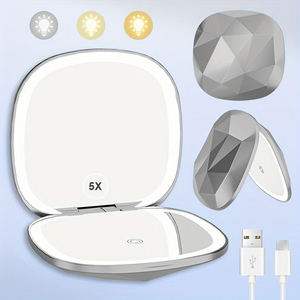 LED Makeup Mirror with 5X Magnification & 3 Color Lights – Dual Sided 1X 5X Lighted Vanity Mirror, Portable Compact Travel Mirror for Women