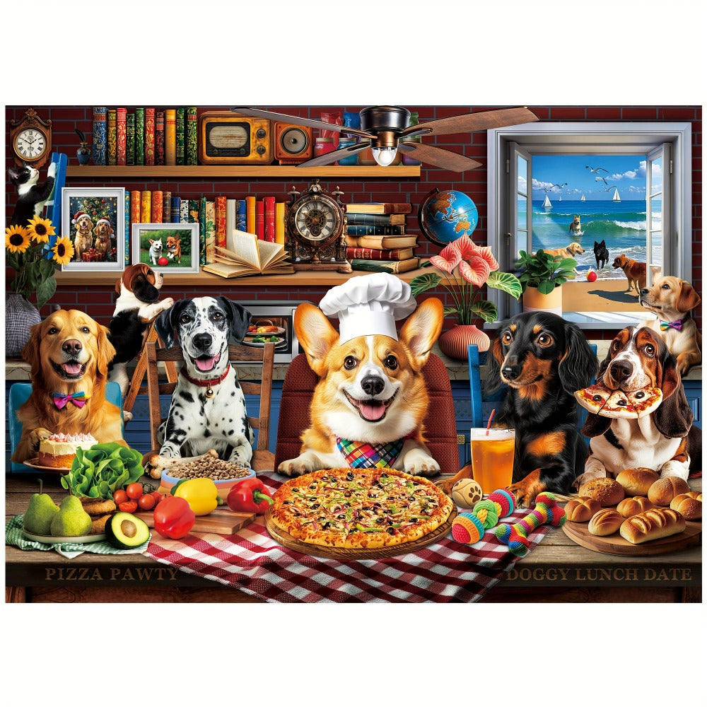 Dogs Dinner Party Jigsaw Puzzle 500 & 1000 Pieces for Adults – Funny Dog Art Puzzle with Letters on Back & Reference Poster