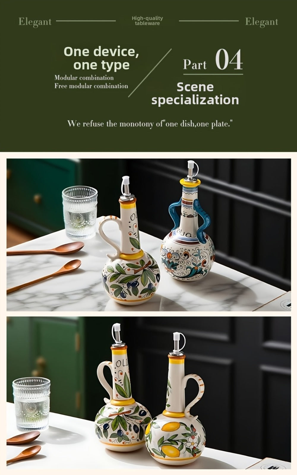 Ceramic Oil and Vinegar Dispenser Set Hand-Painted Underglaze Anti-Drip Leak-Proof Kitchen for Home Cooking, Dining and Outdoor Meals