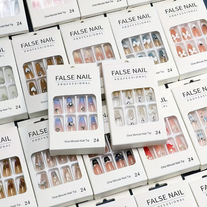 Press On Nails 216-Piece Nine-Set Random Mixed-Color Rhinestone Glossy Middle-Length Collection