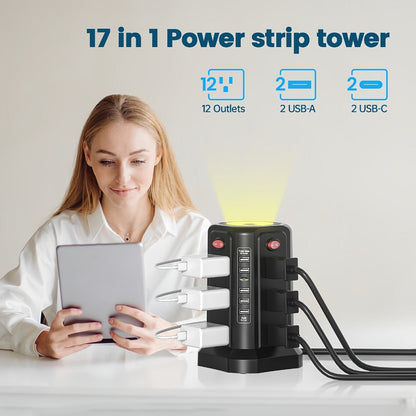 Surge Protector Power Strip Tower with 12 AC Outlets 5 USB Ports 8.8FT Extension Cord Night Light for an Everyday Personal Care Routine