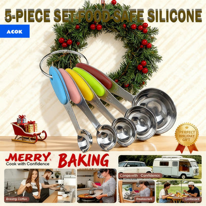 Measuring Cups and Spoons Set 10-Piece Stainless Steel with Silicone Handle, Precise Baking & Cooking Measurement Tools