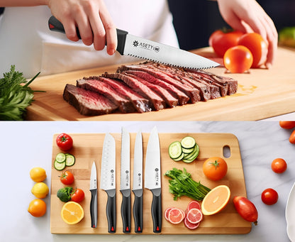Kitchen Knife Set by ASETY, 15-Piece Stainless Steel Block Set with PP Handles in Two Finish Options