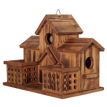 Hummingbird House Outdoor Large Birdhouse with Feeder, 3-Hole Natural Handmade Wood Bird House for Bluebird, Backyard Garden Decor