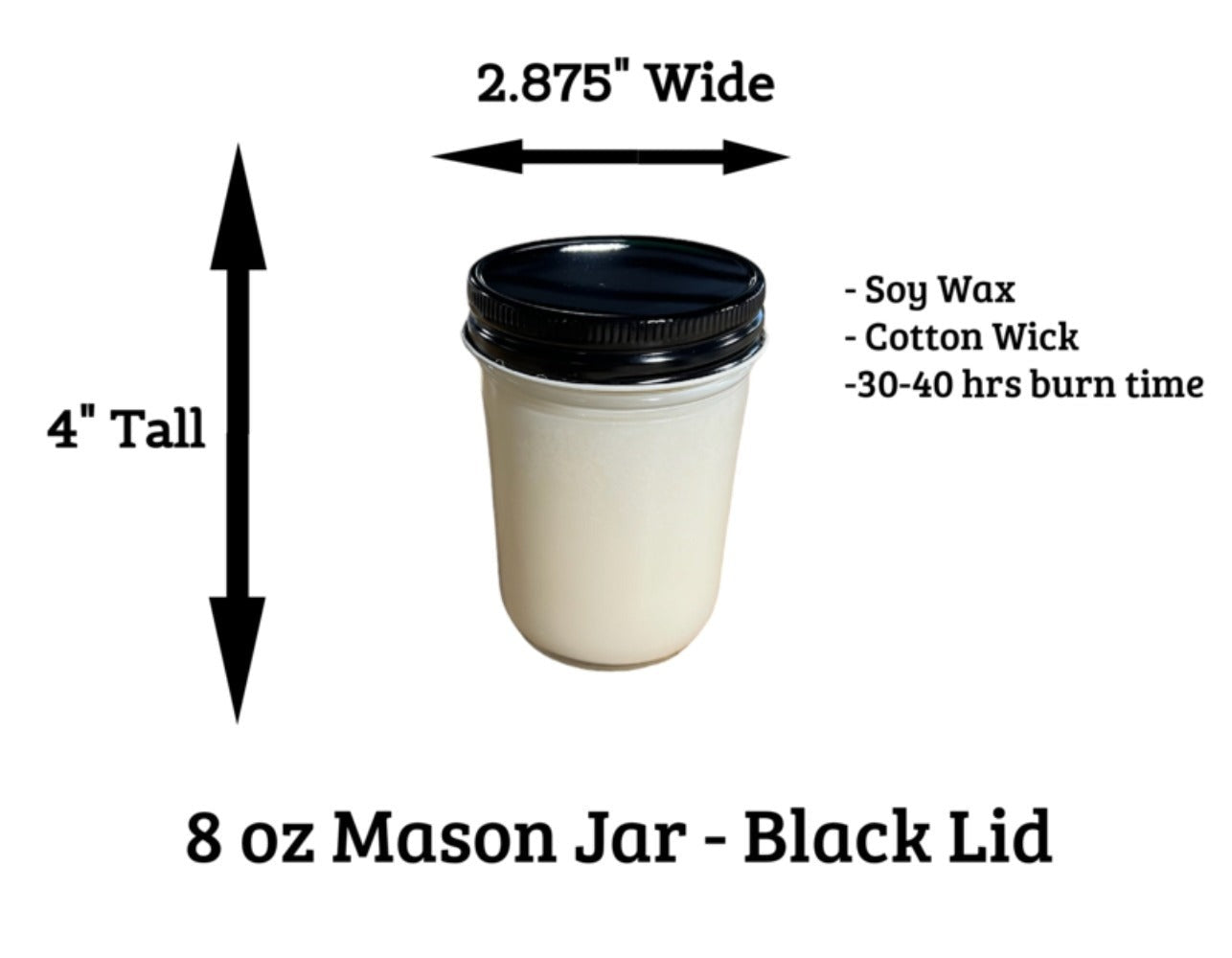 Apple Cinnamon Scented Soy Wax Candle in 8 oz Mason-Style Glass Jar with Black Lid, 4-Inch Height and 2.875-Inch Width