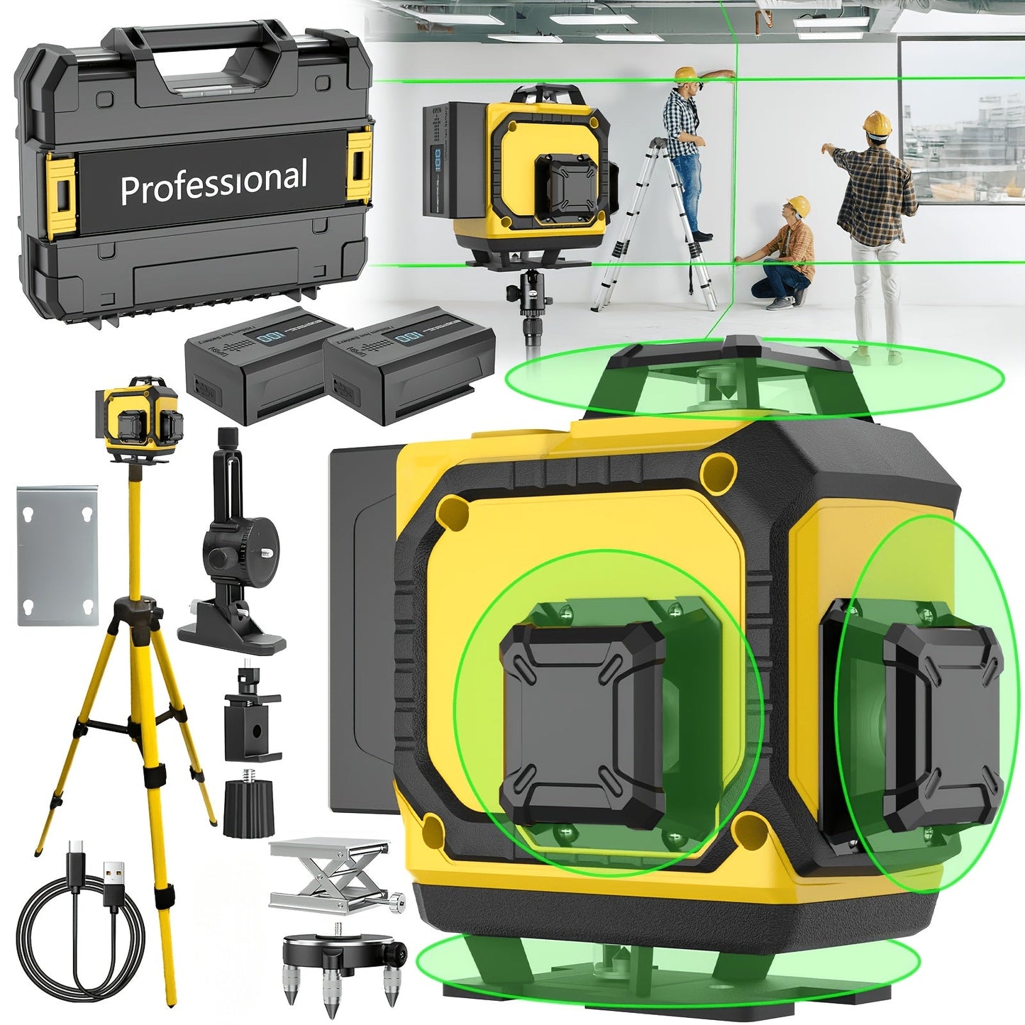 16-Line 4D Laser Level 360° Self-Leveling Cross Line Laser with Rechargeable Battery, Professional Rotary Laser for Construction