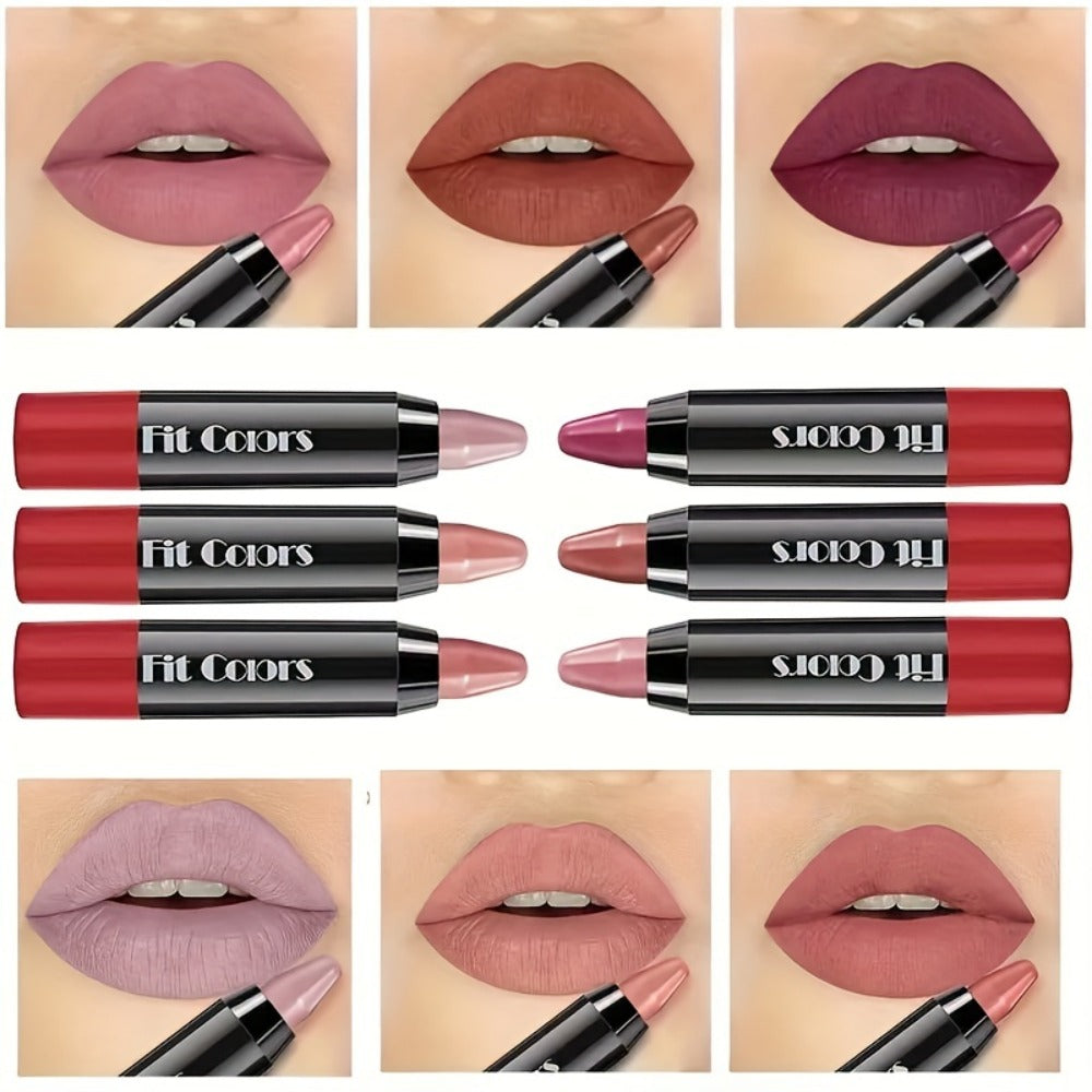Squalane Crayon Lipstick Set 6 Pcs, Matte & Glossy Lip Pencil with Volumizing Formula, Easy Color Lip Liner for All Skin Types