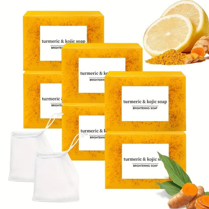 Kojic Acid Soap Set with Turmeric & Lemon, Handmade Cold-Processed Brightening Bars for Face & Body, Deep