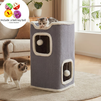 Cat Tree Tower Multi-Level Foldable – Indoor Cat House with Scratch Resistant Post, Soft Top Cat Bed, Cat Hideaway & Bell Ball Toy