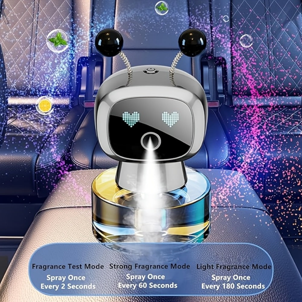 Smart Car Air Freshener Robot Shape – USB Rechargeable Auto Spray Diffuser with 4 Fragrance Levels, Start-Stop Automatic Scent Dispenser