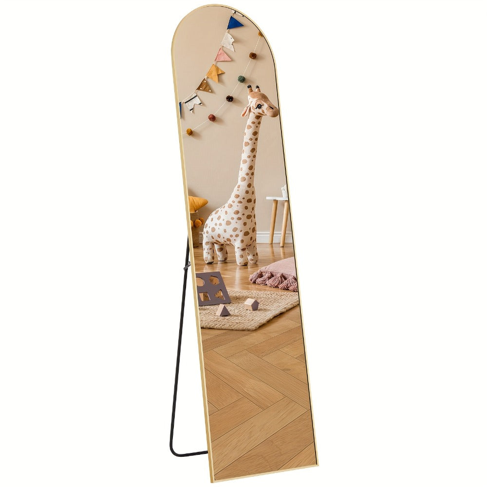 Full Length Mirror 59"x16" Arched Leaning Wall Mirror, Aluminum Alloy Thin Frame, Vertical or Tilted, Black & Gold