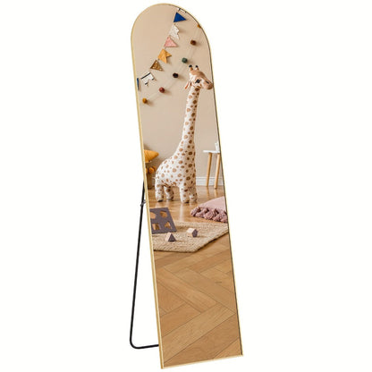 Full Length Mirror 59"x16" Arched Leaning Wall Mirror, Aluminum Alloy Thin Frame, Vertical or Tilted, Black & Gold