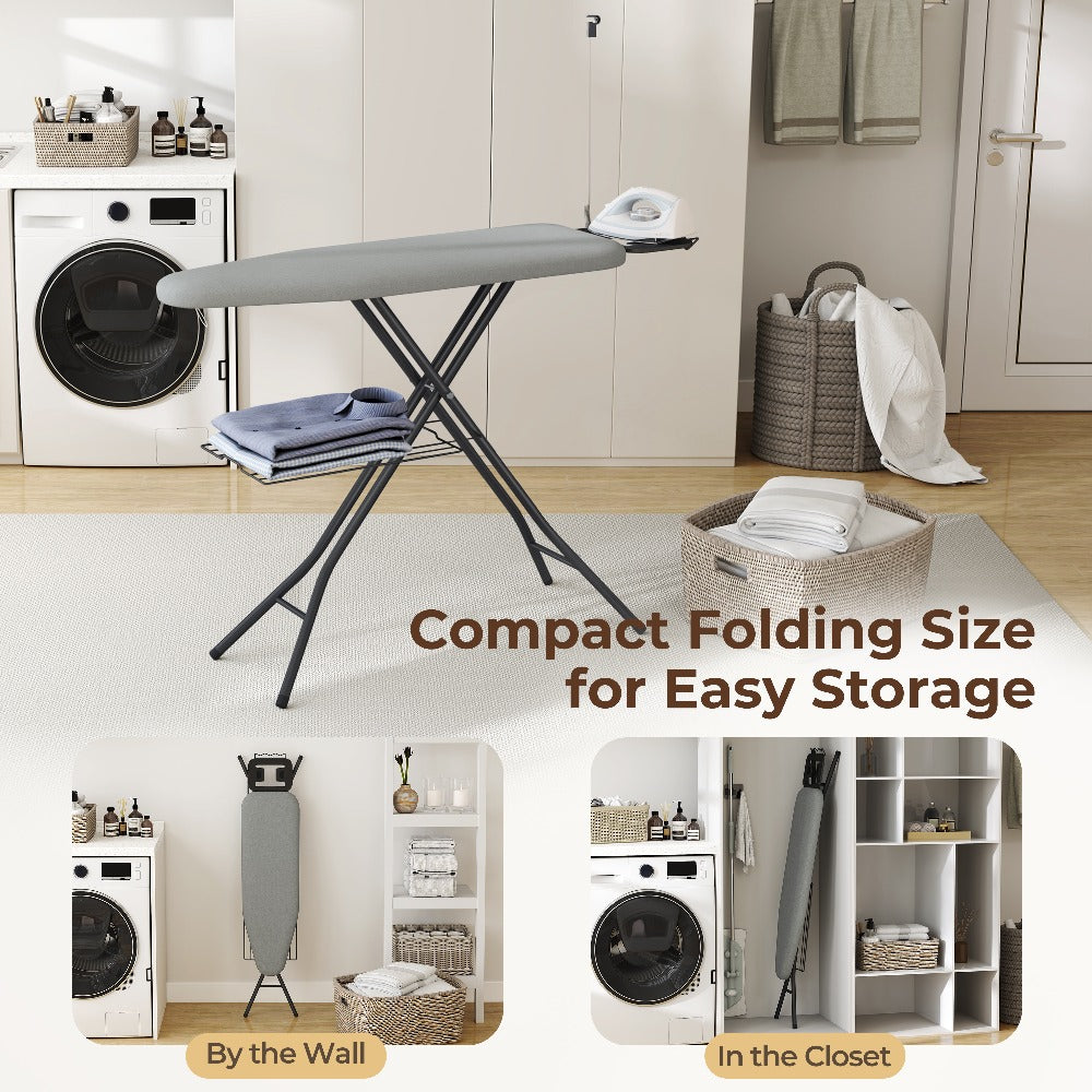 Ironing Board Full Size Foldable Height Adjustable with Clothes Rack Cord Holder 4-Layer Pad Heavy Duty Steel Legs for Laundry Room Living