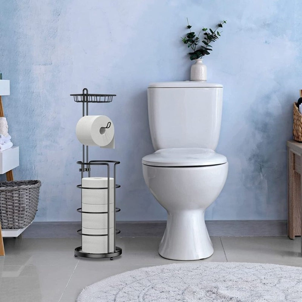 Freestanding Toilet Paper Holder with Round Four-Roll Storage Cage, Upper Shelf and One- or Two-Pack Options