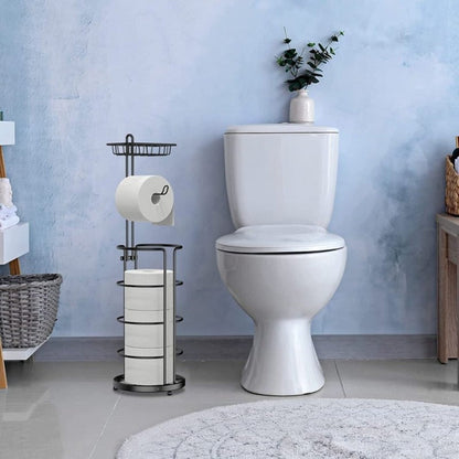 Freestanding Toilet Paper Holder with Round Four-Roll Storage Cage, Upper Shelf and One- or Two-Pack Options