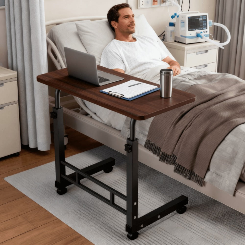 Adjustable Height Rolling Overbed Nursing Table 3-Layer Shelves Bedside Tray for Elderly for Entryways, Bedrooms and Living Spaces