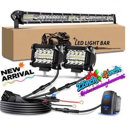 LED Off-Road Light Bar Kit 4"-21" Strip & Work Lights Combo for Jeep Truck Car – Wiring Harness Included