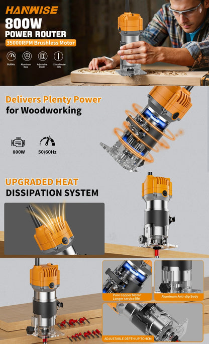 Wood Router Edge Trimmer 800W 6.1Amp Compact Hand Router Tool 35000RPM with Variable Speed, 1/4" Collet