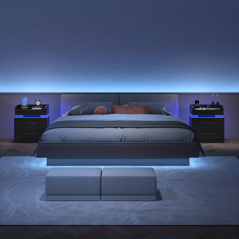 Small Nightstand with USB Charging Station & LED Lights, Compact Bedside Table with Drawer, Under 27 Inch Floor Mount