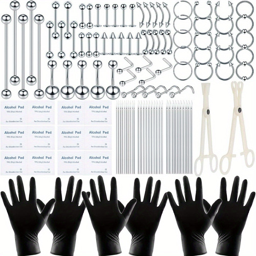 Professional Piercing Kit 120pcs, Complete Body Piercing Set with Stainless Steel Needles, Clamps